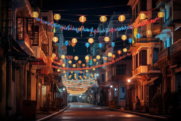 Illumination of buildings and streets with decorative lights and lanterns during Diwali 