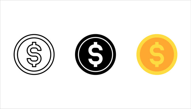Gold coin flat icon set. Dollar coin. Coin with dollar sign. Money symbol. vector illustration on white background