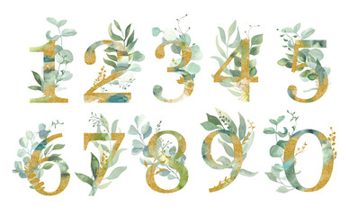 Obraz premium Floral numbers set with watercolor green and gold eucalyptus leaves. Perfectly for wedding invitations, greeting card, logo, poster and other design.