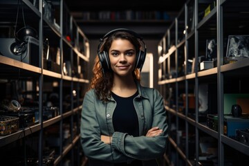 Fototapeta premium a happy woman in headphones on the background of shelves with music equipment in the room