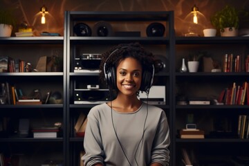 a happy african american woman in headphones on the background of shelves with music equipment in the room