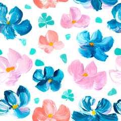 Seamless pattern of abstract painting blue and pink flowers, original hand drawn, impressionism style, color texture, brush strokes of paint, art background.
