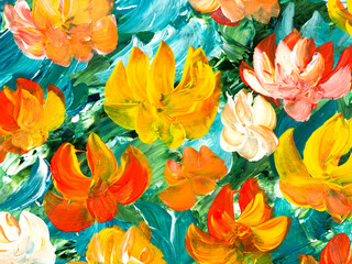 Abstract flowers, original hand drawn, impressionism style, color texture, brush strokes of paint,  art background.