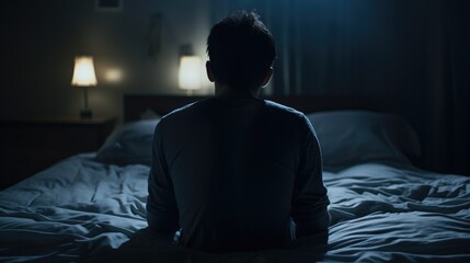 sleepless insomnic man on bed at dark night - obrazy, fototapety, plakaty