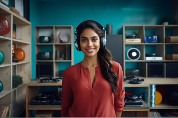 Fototapeta na wymiar a happy indian woman in headphones on the background of shelves with music equipment in the room