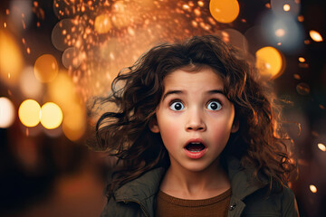 Child's Astonished Expression with Sparkling Background