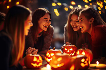 Obraz na płótnie Canvas Teen Girls Carving Pumpkins for Halloween
