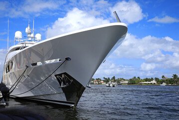 Close up of a boat bow on display during the Fort Lauderdale International Boat Show.