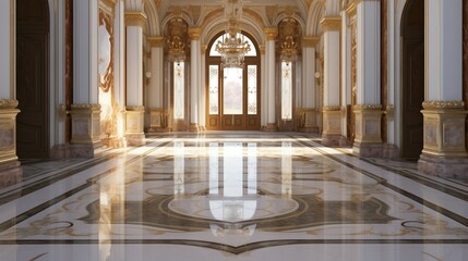 Hyper-realistic stock image of a grand entrance hall with a marble floor. The glossy, reflective surface showcases natural colors and patterns. A luxurious and elegant interior design