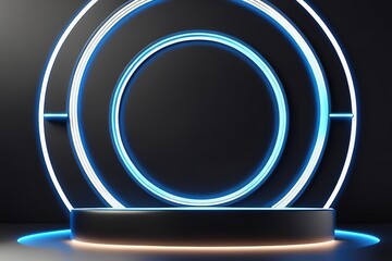 3d rendering illustration modern futuristic podium stage platform with neon lighting and black background for premium produt business technology.ai generated
