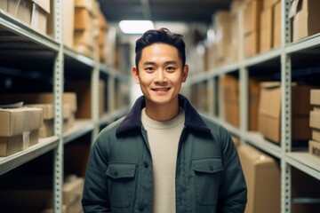 happy asian man worker on the background of shelves with boxes in the warehouse