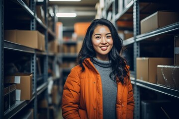 Obraz premium happy asian woman worker on the background of shelves with boxes in the warehouse