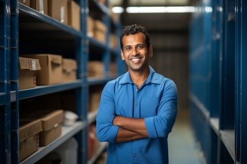 happy indian man worker on the background of shelves with boxes in the warehouse