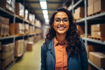 happy indian woman worker on the background of shelves with boxes in the warehouse