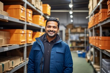Fototapeta premium happy indian man worker on the background of shelves with boxes in the warehouse