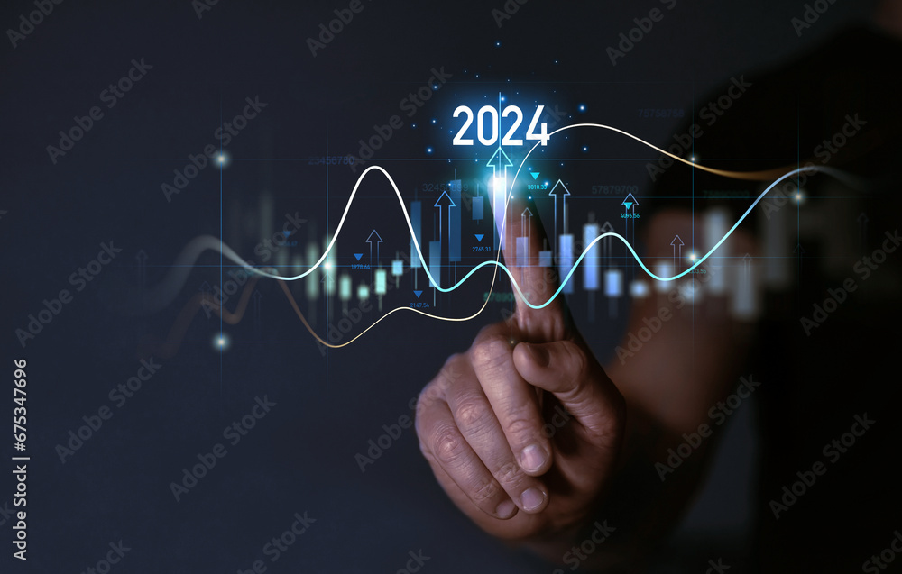 Poster businessman draw growth graph a year 2024 of business and data analysis. development to success in y
