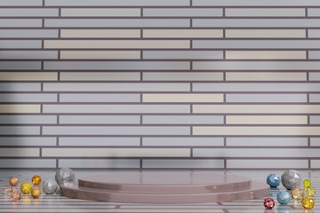 3d render, Premium cosmetic background and podium, brown tiled wall backdrop and display for brand presentation and packaging presentation. studio stage