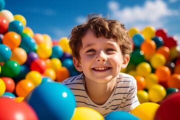 Fototapeta na wymiar happy child boy on the background of colorful balls for games
