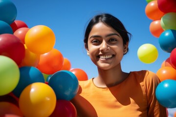Fototapeta na wymiar happy indian woman on the background of colorful balls for games
