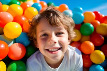 Fototapeta na wymiar happy child boy on the background of colorful balls for games
