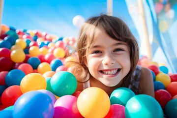 Fototapeta na wymiar happy child girl on the background of colorful balls for games
