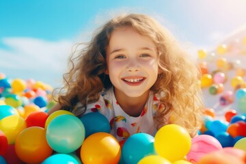 Fototapeta na wymiar happy child girl on the background of colorful balls for games
