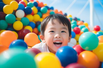 Fototapeta na wymiar happy asian child boy on the background of colorful balls for games