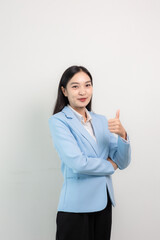 Picture of a young Asian woman Smiling company employee holding a laptop computer standing on a white background.