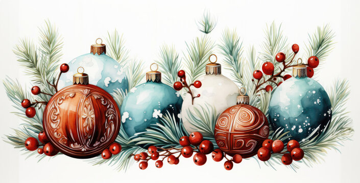 Watercolor red & blue Christmas ornaments with baubles, berries