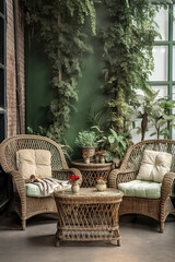 A Tranquil Corner: Wicker Furniture and Lush Greenery Create a Serene Space, ai generative