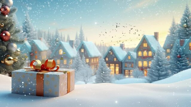christmas celebration with christmas tree with snowman and gifts. with cartoon style. seamless looping time-lapse virtual video animation background.