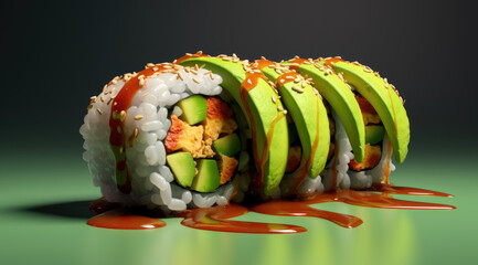 japanese sushi food. Maki ands rolls with tuna, salmon, shrimp, crab and avocado. Rainbow sushi roll, uramaki, hosomaki and nigiri