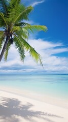 A palm-fringed, white-sand beach with crystal-clear turquoise waters, where the sea meets the sky on the distant horizon, AI generated, background image
