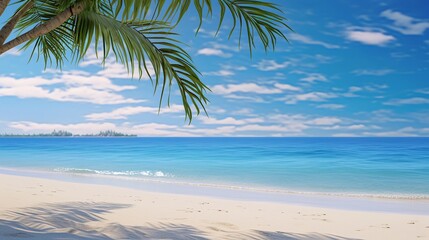 Obraz premium A palm-fringed, white-sand beach with crystal-clear turquoise waters, where the sea meets the sky on the distant horizon, AI generated, background image