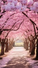 A serene park pathway lined with cherry trees in full bloom, creating a breathtaking tunnel of delicate pink and white blossoms, AI generated, background image