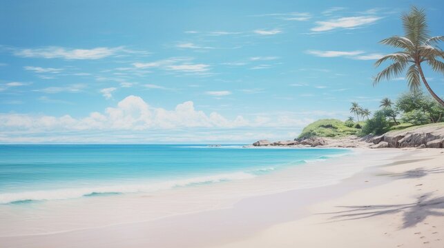 A palm-fringed, white-sand beach with crystal-clear turquoise waters, where the sea meets the sky on the distant horizon, AI generated, background image