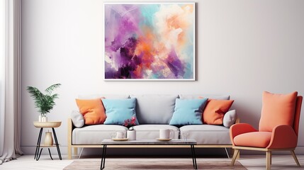 Living room with abstract art painting on the wall. Abstract painting on living room.
