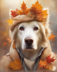 Beautiful dog wearing maple tree leafs wreath. Generative AI.