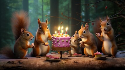 a group of squirrels wearing miniature party hats, nibbling on celebratory treats, as they join in the New Year 2024 festivities, adding a touch of woodland charm to the occasion.