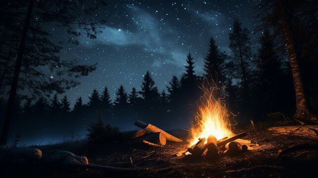 An ethereal shot of a campfire under a starry sky with the flames casting a warm, inviting glow and the stars illuminating the darkness,AI generated, background image