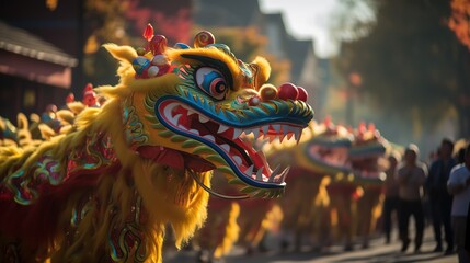 Fototapeta na wymiar Chinese New Year Dragon dance street performances. AI Generated.