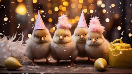 a group of young chicks wearing miniature New Year hats, their fluffy feathers ruffled by the wind, as they peck at festive treats, ushering in the joy of 2024. - obrazy, fototapety, plakaty