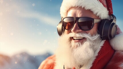 Portrait of smiling santa wearing sunglasses and headphone against winter day background with space for text, AI generated, background image