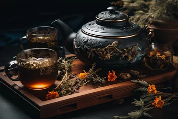 Foto op Aluminium Metal vintage teapot and cups with herbal healthy natural tea and herbs on a wooden tray © asauriet