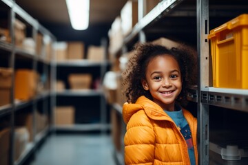 happy african american child girl worker on the background of shelves with boxes in the warehouse - obrazy, fototapety, plakaty