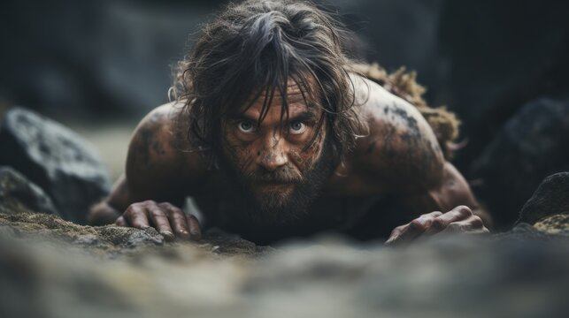 A man with long hair and beard is crawling through the mud, AI