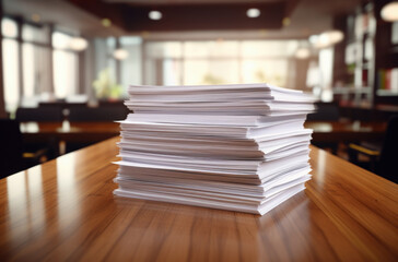 Stack of blank paper on wooden table indoors
