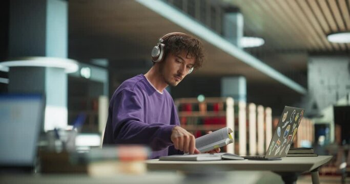 Handsome European Student Studying in a Traditional Library. Young Male Wearing Headphones, Working on an University Research Project, Reading Academic Textbook and Journals Online