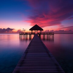 A red and blue ocean with a pier, hut, and sunset, in the style of tokina