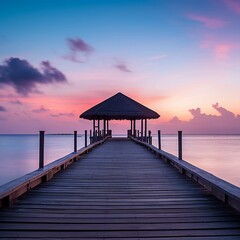A red and blue ocean with a pier, hut, and sunset, in the style of tokina